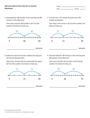 Add and subtract time intervals in minutes worksheet preview