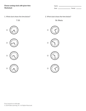 Choose analog clock with given time worksheet preview