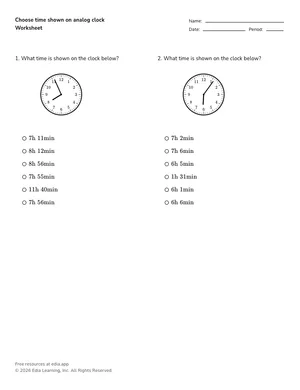 Choose time shown on analog clock worksheet preview