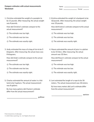 Compare estimates with actual measurements worksheet preview