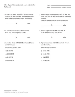Solve elapsed time problems in hours and minutes worksheet preview