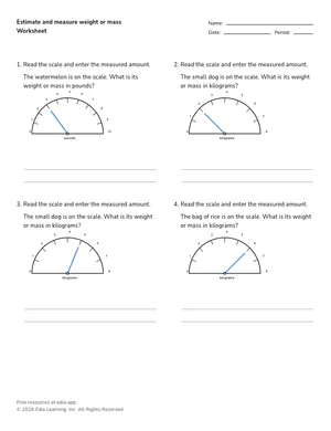 Estimate and measure weight or mass worksheet preview