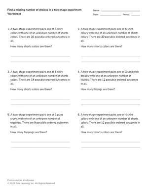 Find a missing number of choices in a two-stage experiment worksheet preview