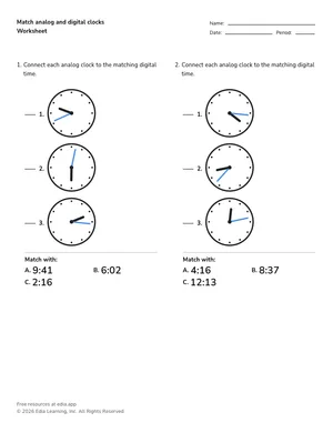 Match analog and digital clocks worksheet preview