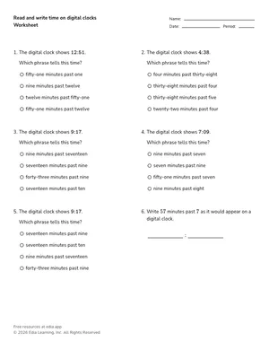 Read and write time on digital clocks worksheet preview