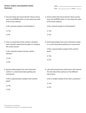 Analyze samples and probability models worksheet preview