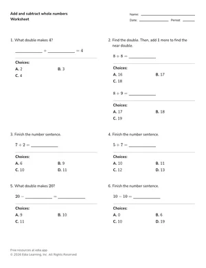 Add and subtract whole numbers worksheet preview