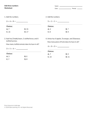 Add three numbers worksheet preview