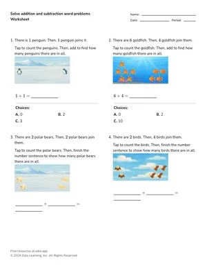 Solve addition and subtraction word problems worksheet preview
