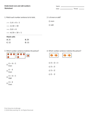 Understand even and odd numbers worksheet preview