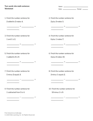 Turn words into math sentences worksheet preview