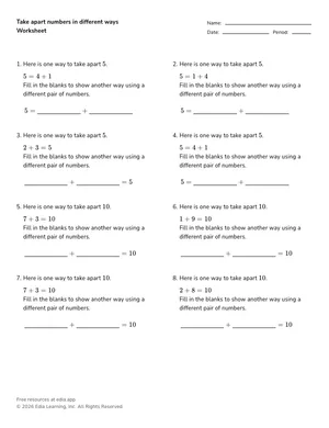 Take apart numbers in different ways worksheet preview