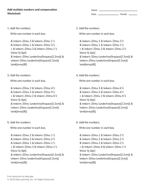 Add multiple numbers and compensation worksheet preview