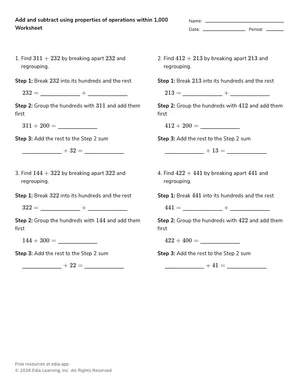Add and subtract using properties of operations within 1,000 worksheet preview