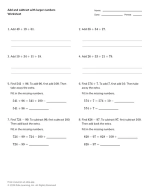 Add and subtract with larger numbers worksheet preview