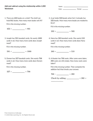 Add and subtract using the relationship within 1,000 worksheet preview