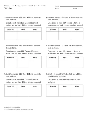 Compose and decompose numbers with base-ten blocks worksheet preview
