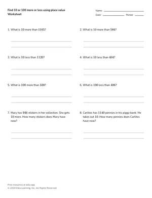Find 10 or 100 more or less using place value worksheet preview
