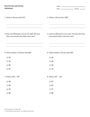 Find 10 more and 10 less worksheet preview