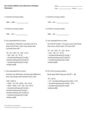 Use mental addition and subtraction strategies worksheet preview