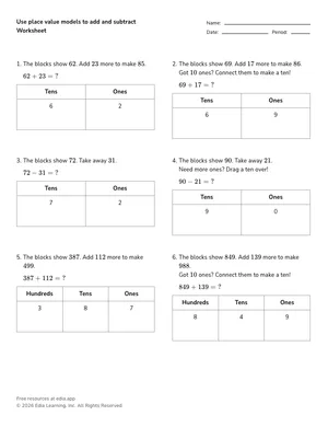 Use place value models to add and subtract worksheet preview