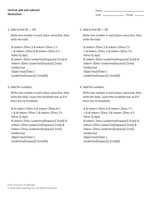 Vertical add and subtract worksheet preview