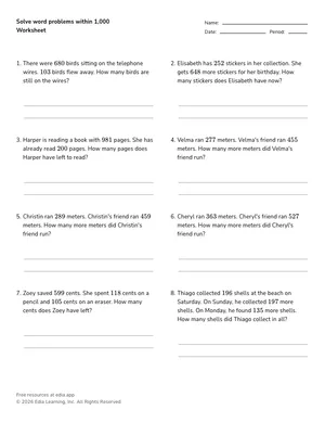 Solve word problems within 1,000 worksheet preview