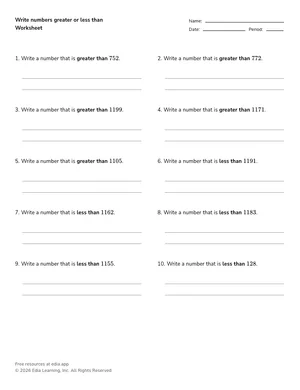 Write numbers greater or less than worksheet preview
