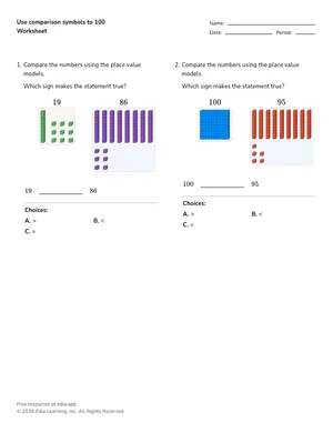 Use comparison symbols to 100 worksheet preview