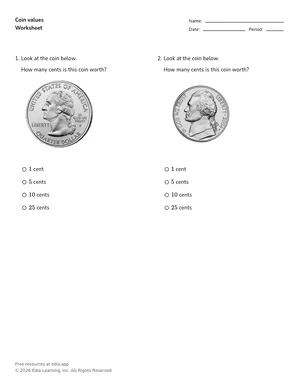 Coin values worksheet preview