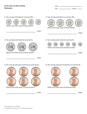 Count coins by skip counting worksheet preview