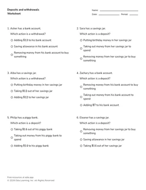Deposits and withdrawals worksheet preview