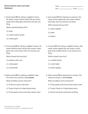 Choose between wants and needs worksheet preview