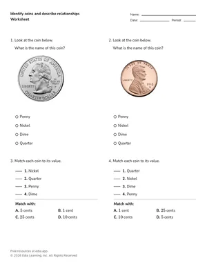 Identify coins and describe relationships worksheet preview