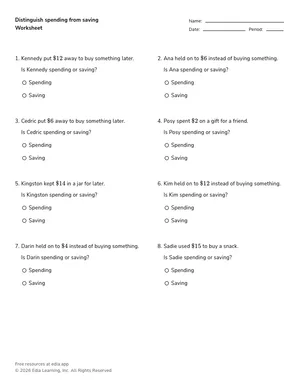 Distinguish spending from saving worksheet preview