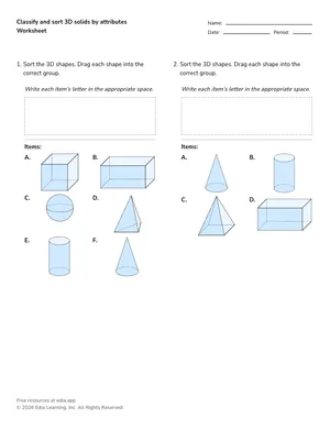 Classify and sort 3D solids by attributes worksheet preview