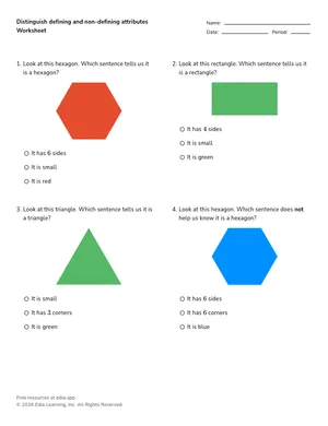 Distinguish defining and non-defining attributes worksheet preview