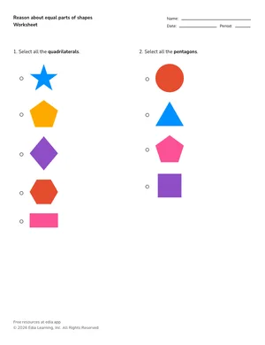 Reason about equal parts of shapes worksheet preview