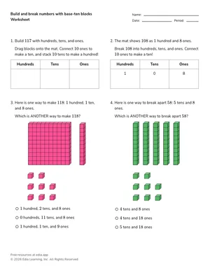 Build and break numbers with base-ten blocks worksheet preview