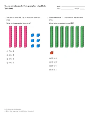 Choose correct expanded form given place value blocks worksheet preview