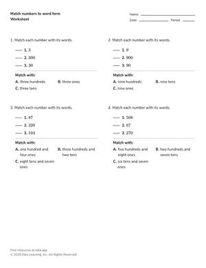 Match numbers to word form worksheet preview