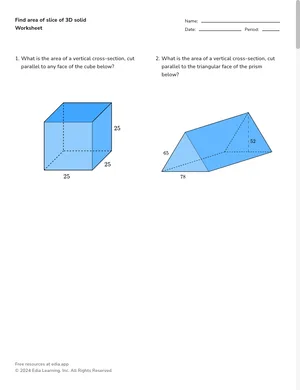 Find area of slice of 3D solid worksheet preview
