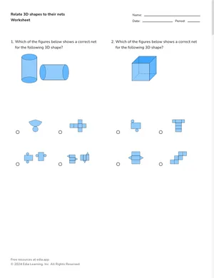Relate 3D shapes to their nets worksheet preview