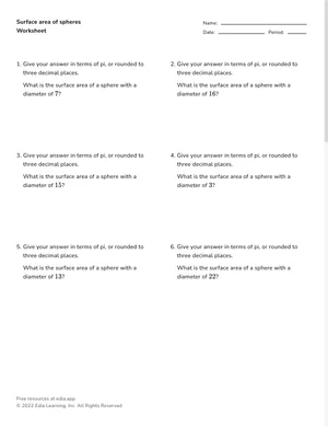 Find surface area of spheres worksheet preview