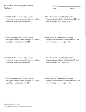 Find surface area of hexagonal pyramids worksheet preview