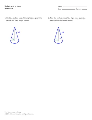 Find surface area of cones worksheet preview