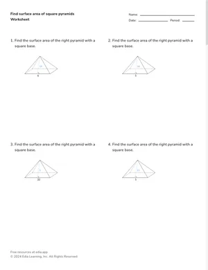 Find surface area of square pyramids worksheet preview