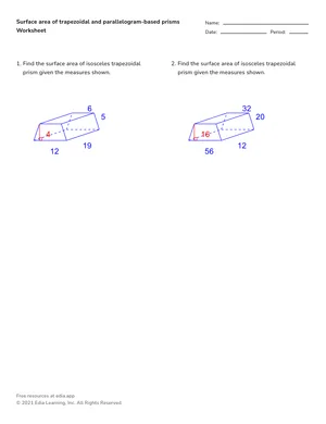 Find surface area of trapezoidal and parallelogram-based prisms worksheet preview