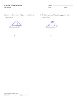 Find volume of oblique pyramids worksheet preview