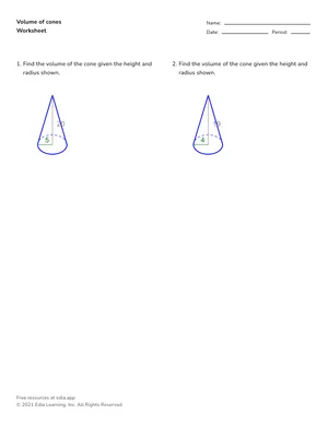 Find volume of cones given radius worksheet preview